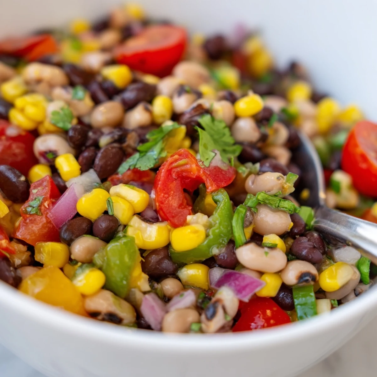 Fresh cowboy caviar recipe scooped onto a chip showing bright peppers and cilantro