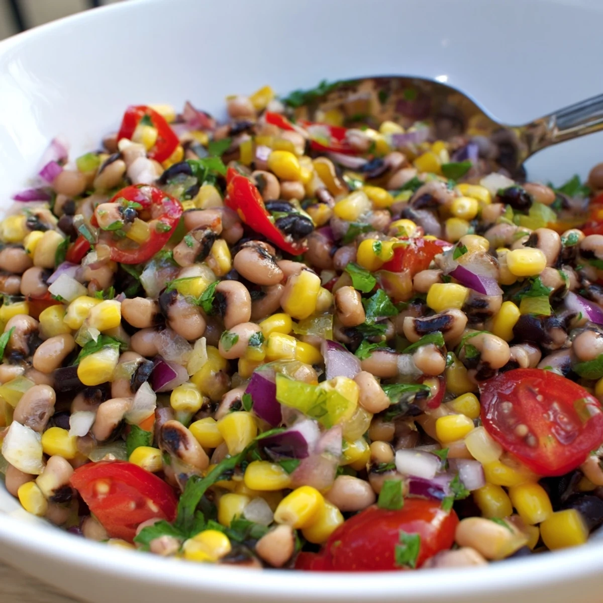 Colorful cowboy caviar recipe served in a bowl with crispy tortilla chips alongside