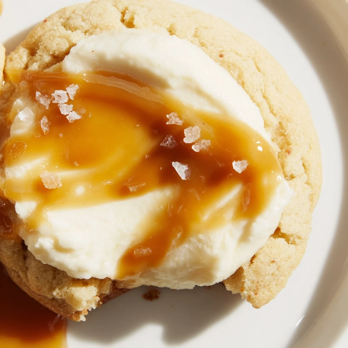 Creamy caramel cheesecake cookies topped with swirled caramel sauce on parchment paper