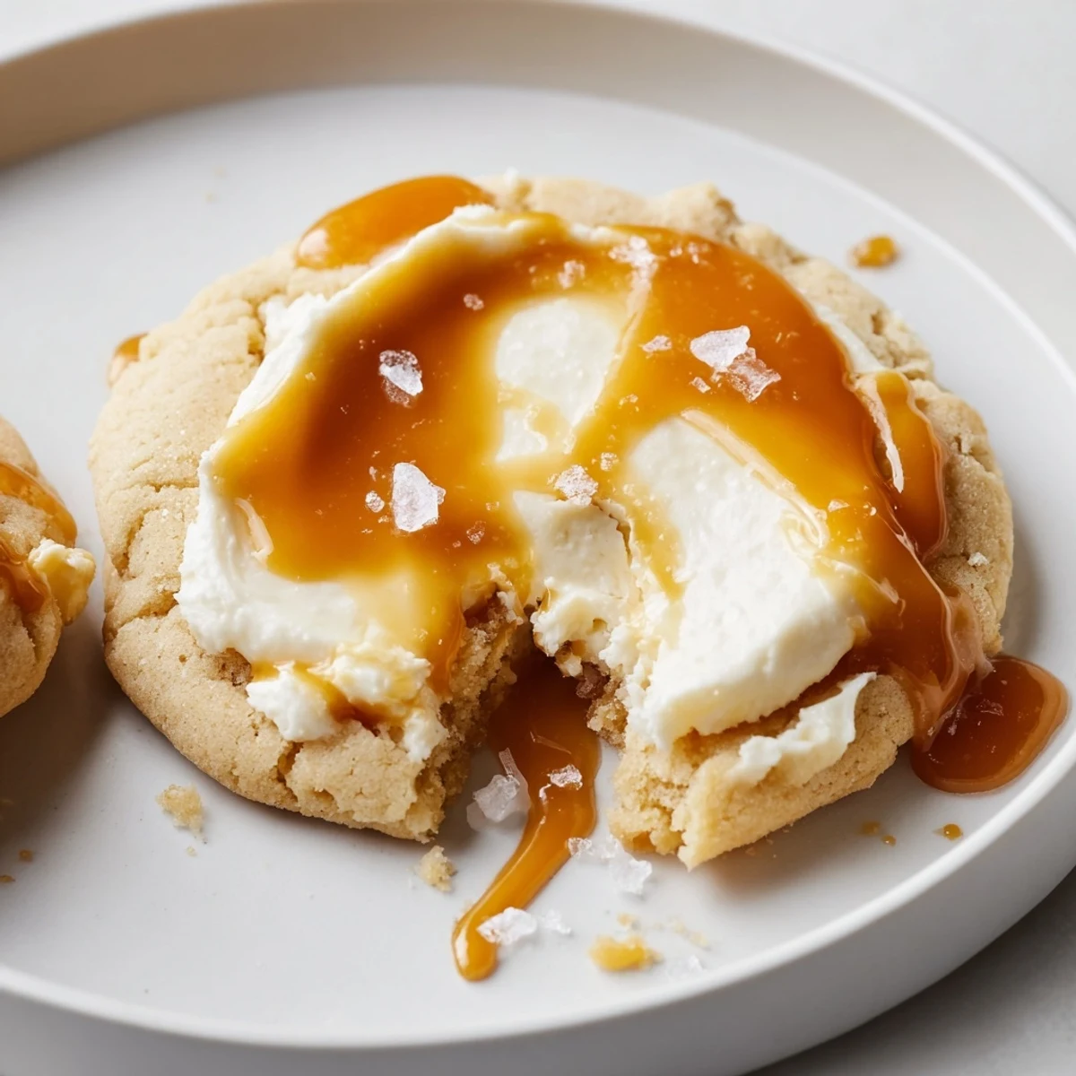 Soft caramel cheesecake cookies with golden caramel drizzle on a rustic baking sheet