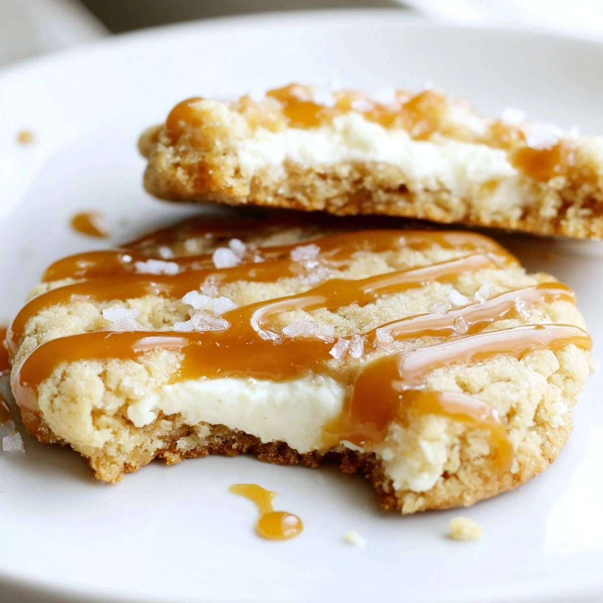Golden-baked caramel cheesecake cookies with gooey cream cheese centers drizzled in warm caramel