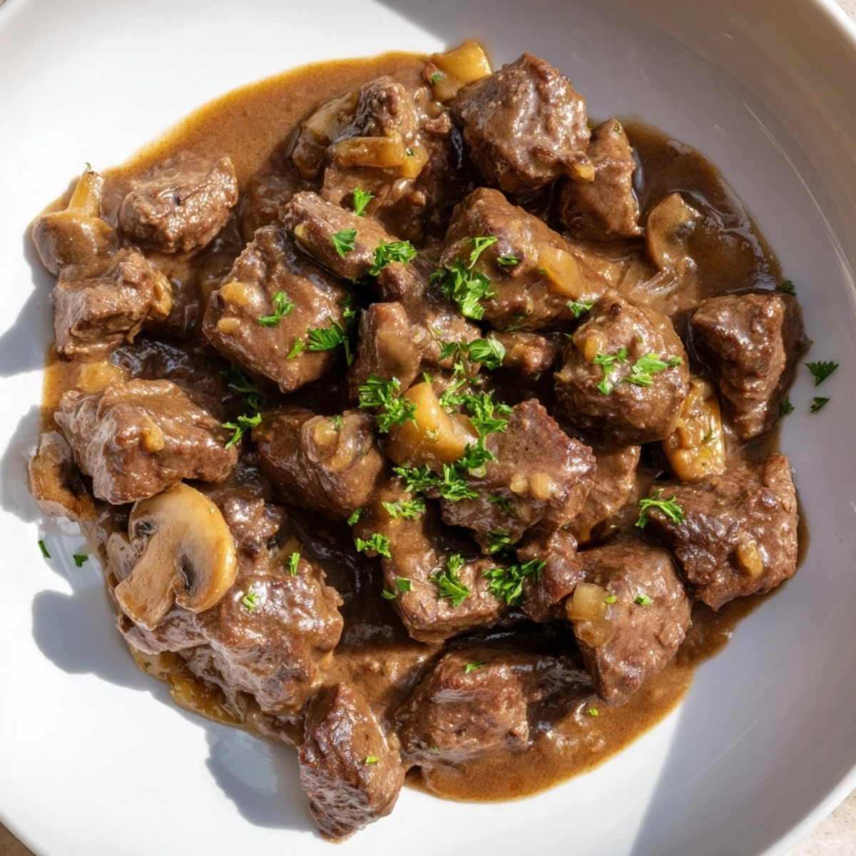 Tender weeknight steak tips and gravy simmered in a rich, savory brown sauce