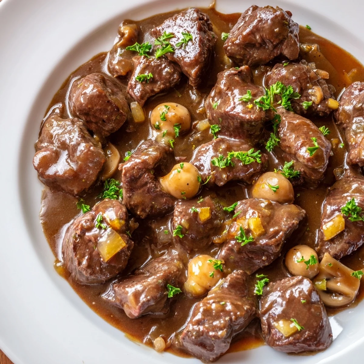 Juicy beef pieces in weeknight steak tips and gravy served over creamy mashed potatoes