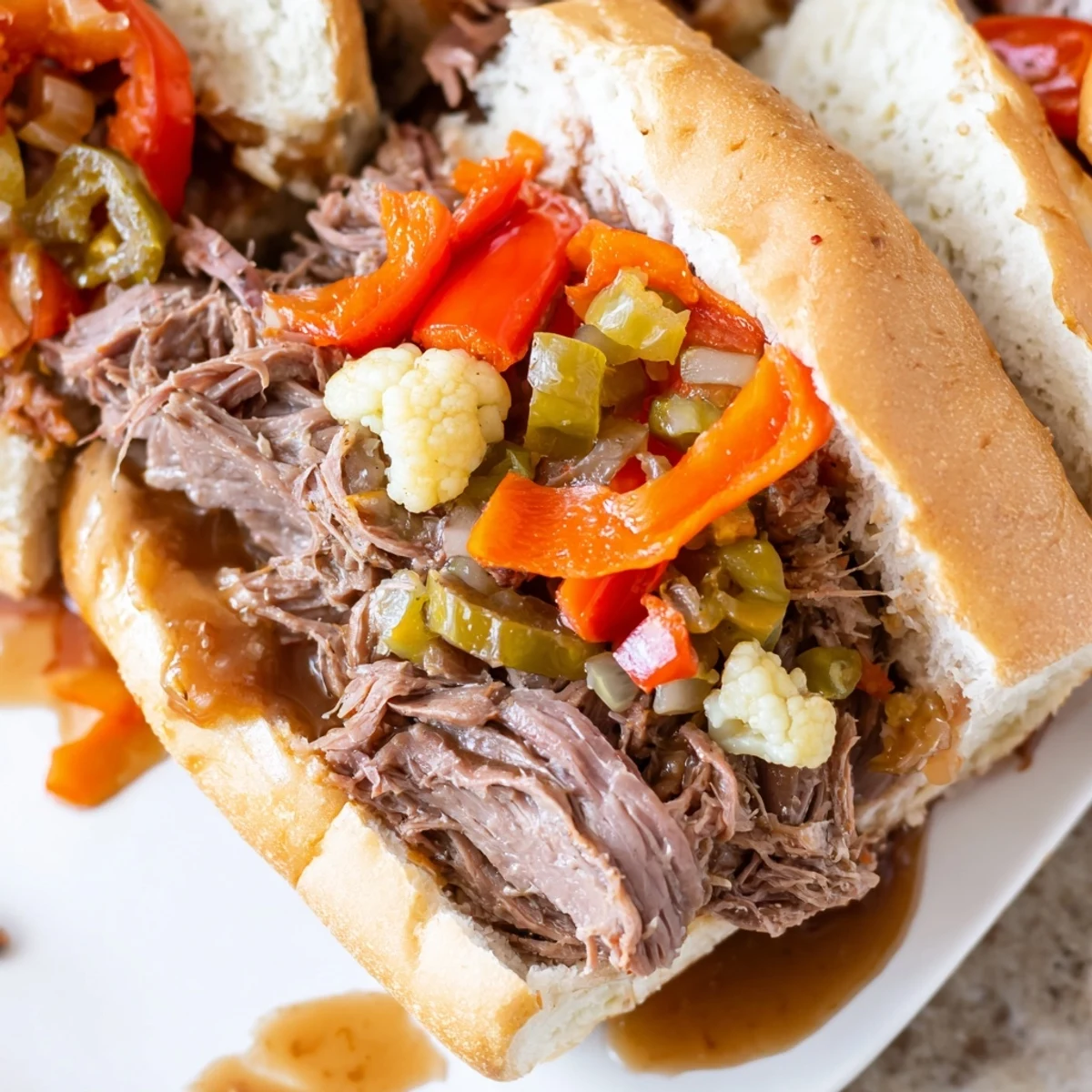 Juicy Chicago Style Italian Beef piled high on a crusty French roll with giardiniera