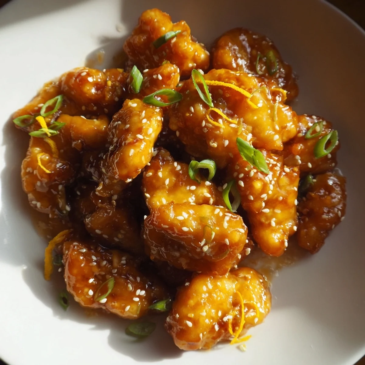 Glossy baked orange chicken glazed in sticky sauce over a bed of steamed white rice