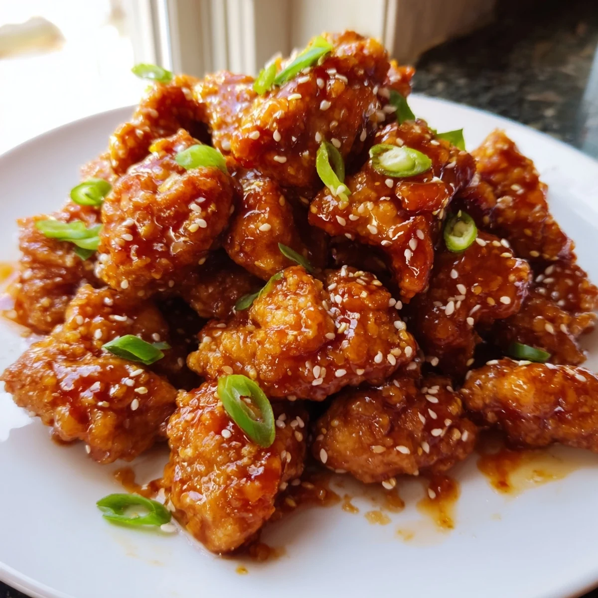 Crispy baked orange chicken pieces caramelized in tangy citrus sauce with sesame seed garnish