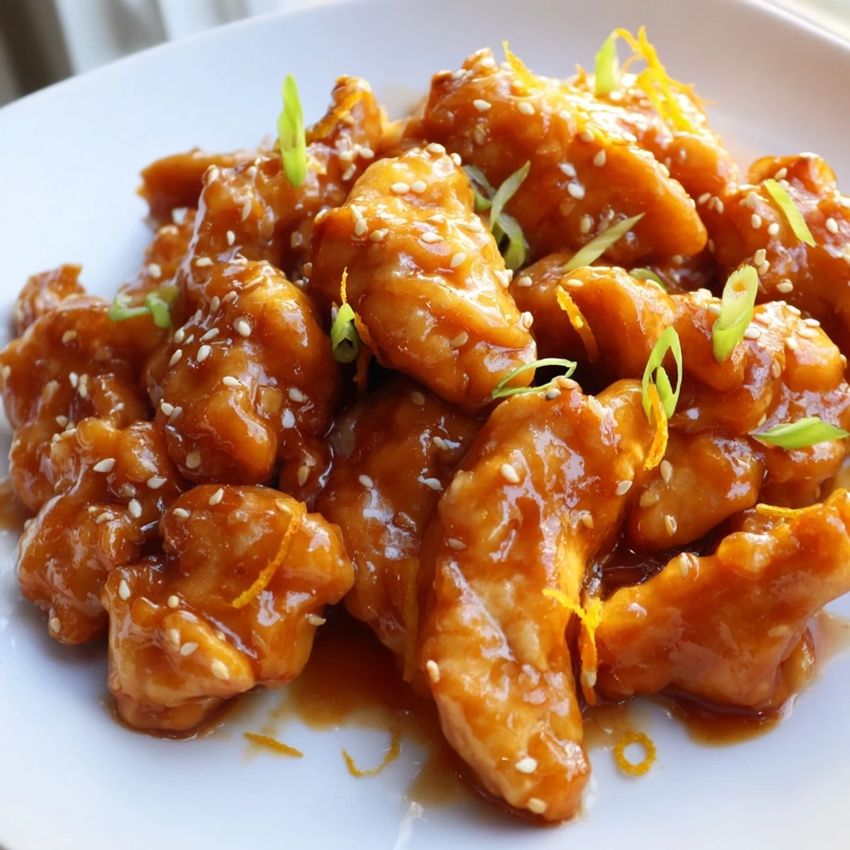 Golden baked orange chicken drizzled with sweet orange glaze scattered with fresh sliced green onions