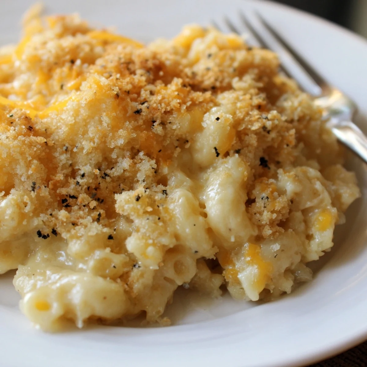 Creamy macaroni cheese with golden breadcrumb topping served in a rustic baking dish