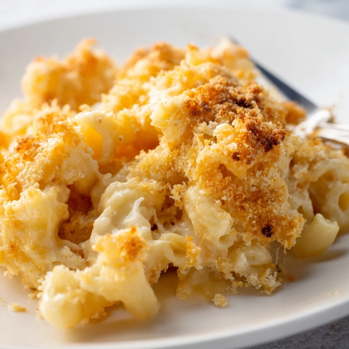 Baked macaroni cheese bubbling with melted cheddar and Gruyère in a cast iron skillet
