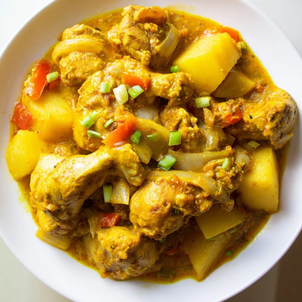 Golden Jamaican curry chicken simmering in a rich, aromatic sauce with tender potatoes