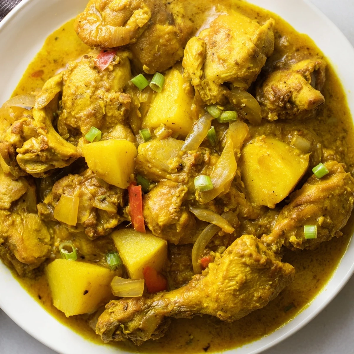 Steaming bowl of Jamaican curry chicken served over fluffy white rice with scallions