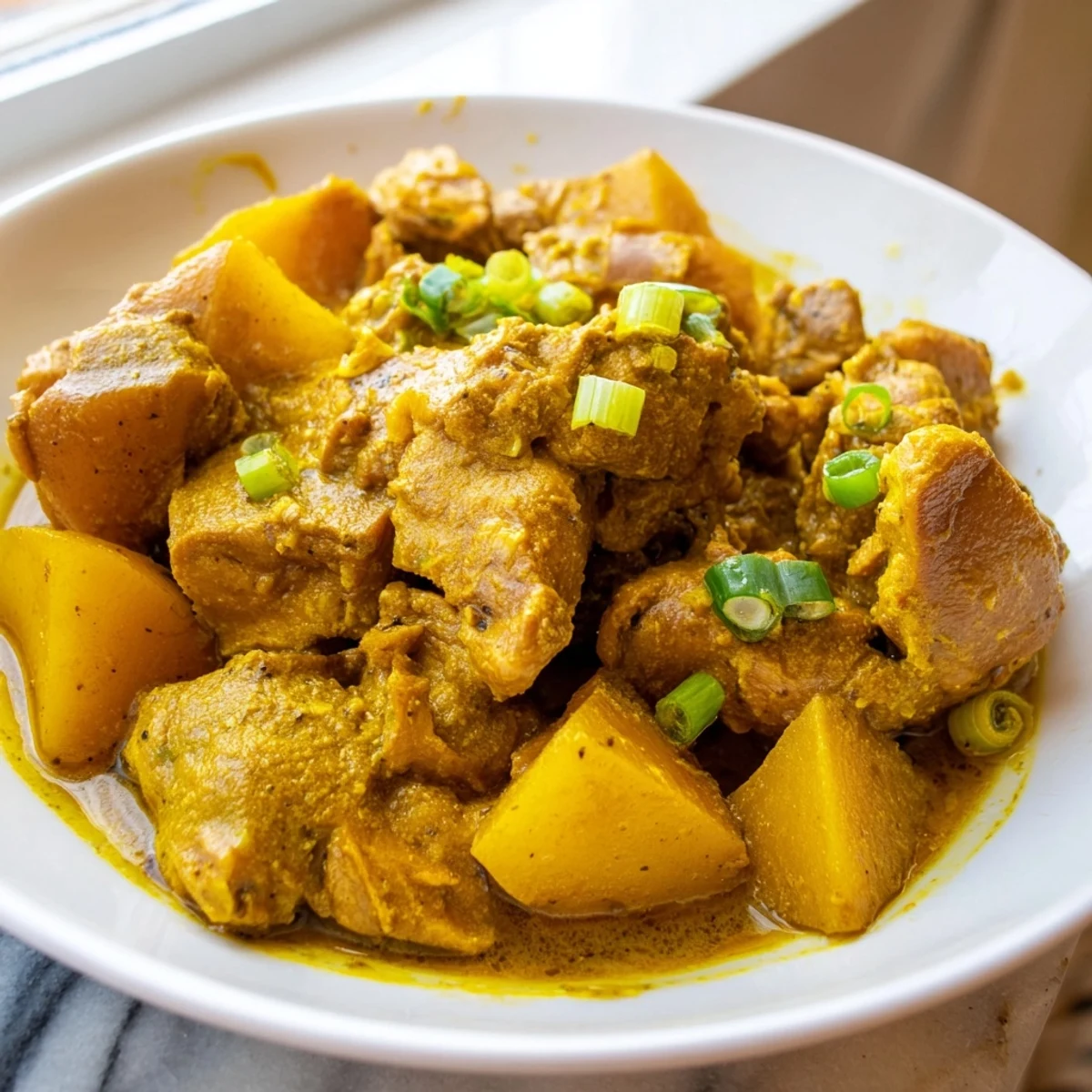 Thick, golden sauce coats tender chicken pieces in this vibrant Jamaican curry chicken