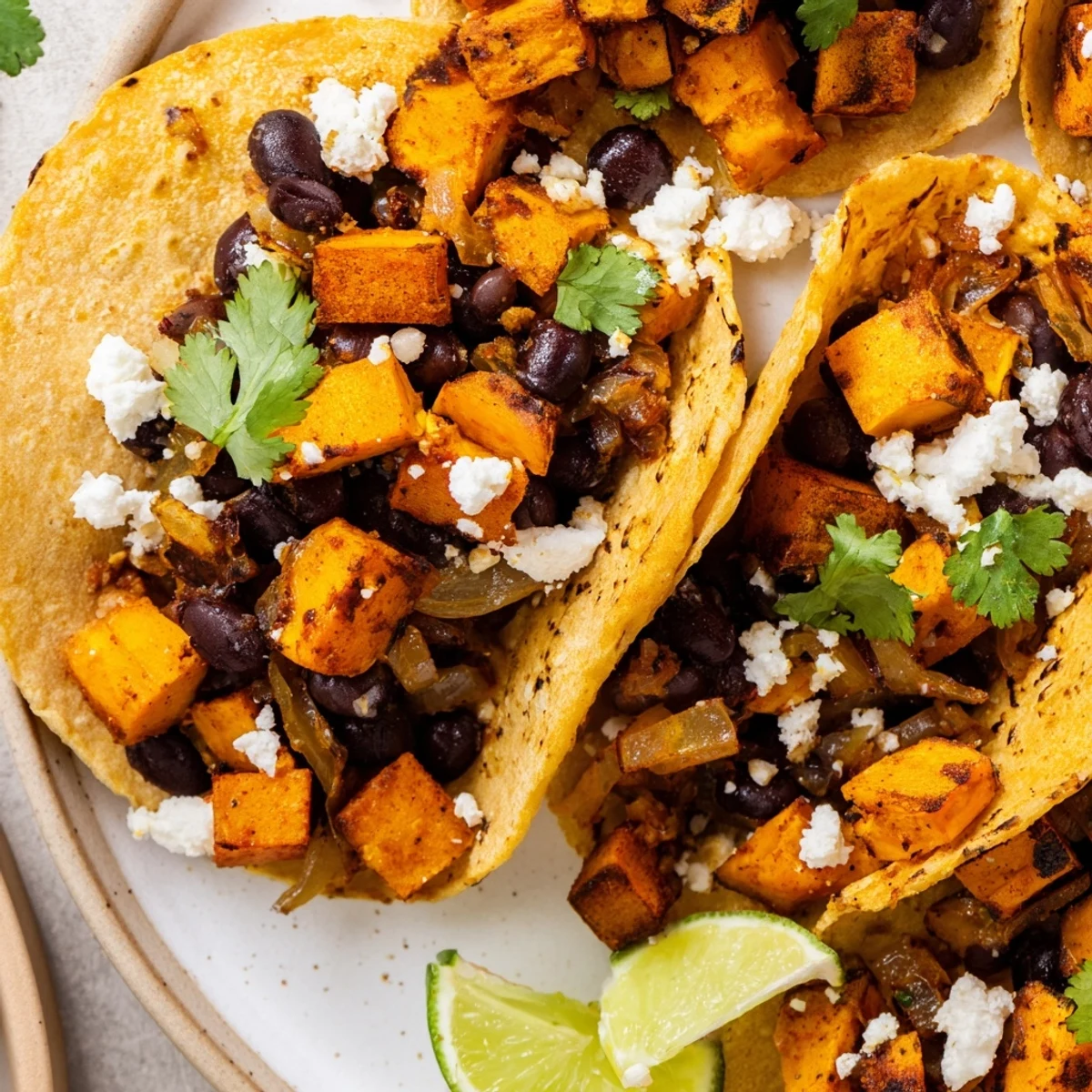 Golden crispy sweet potato bean tacos topped with sautéed onions on warm corn tortillas