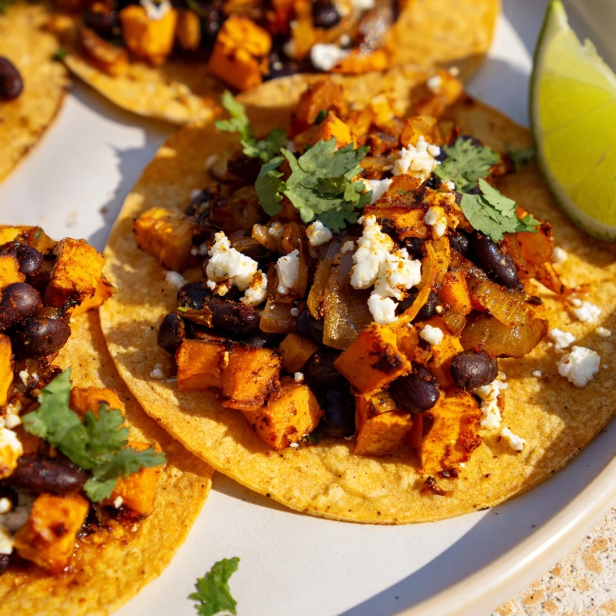 Crispy sweet potato bean tacos with caramelized onions, black beans, and fresh cilantro garnish