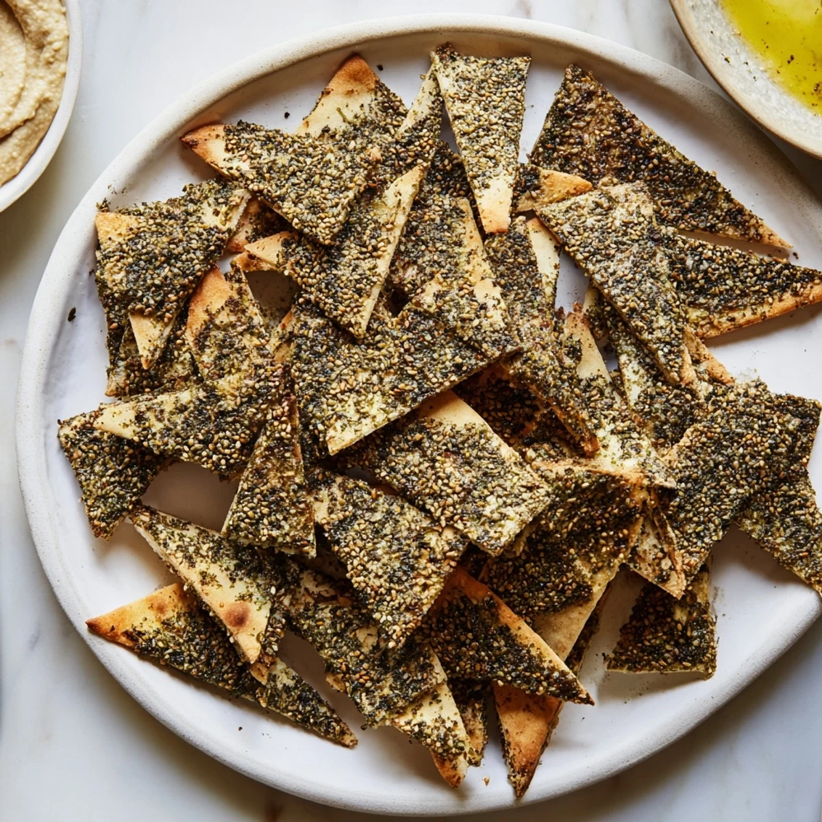 Golden zaatar pita chips arranged on a rustic wooden board beside creamy hummus
