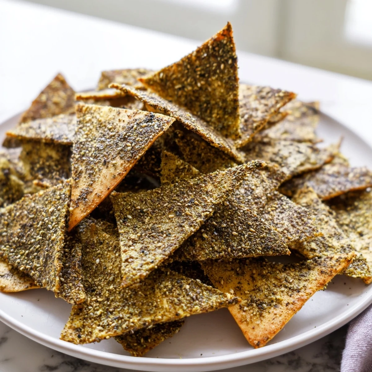 Crispy baked zaatar pita chips sprinkled with herbs fresh from the oven