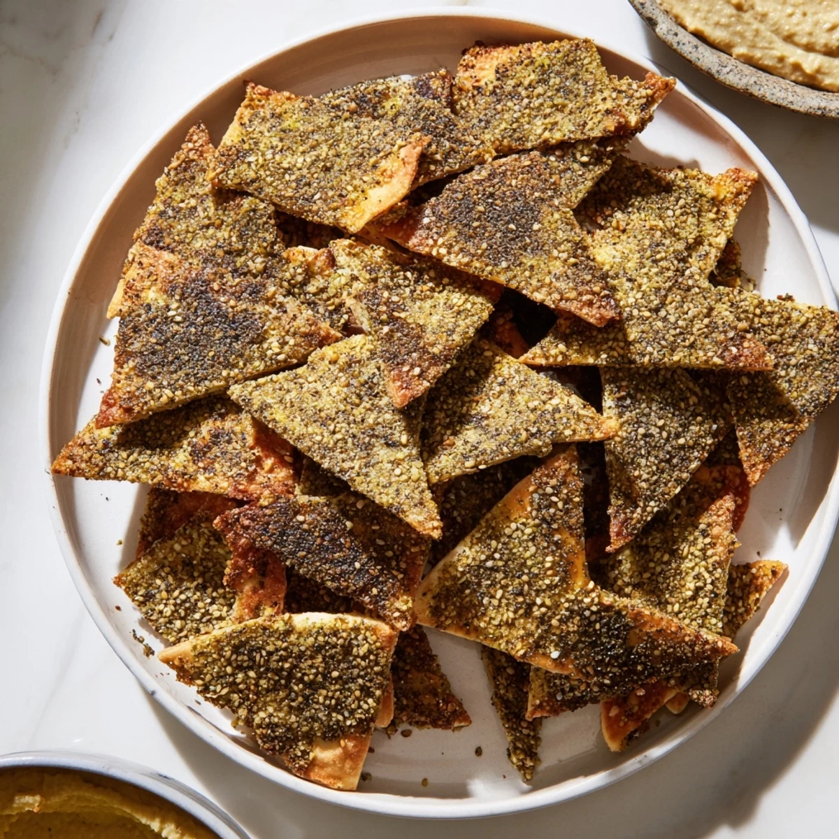 Warm zaatar pita chips stacked in a bowl alongside a vibrant herb dip