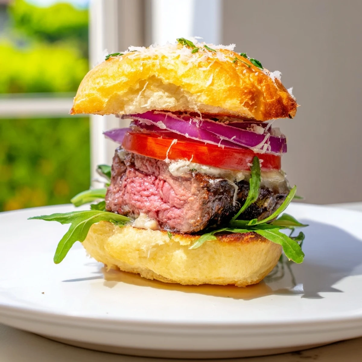Juicy filet mignon sliders on golden garlic parmesan rolls served with fresh arugula