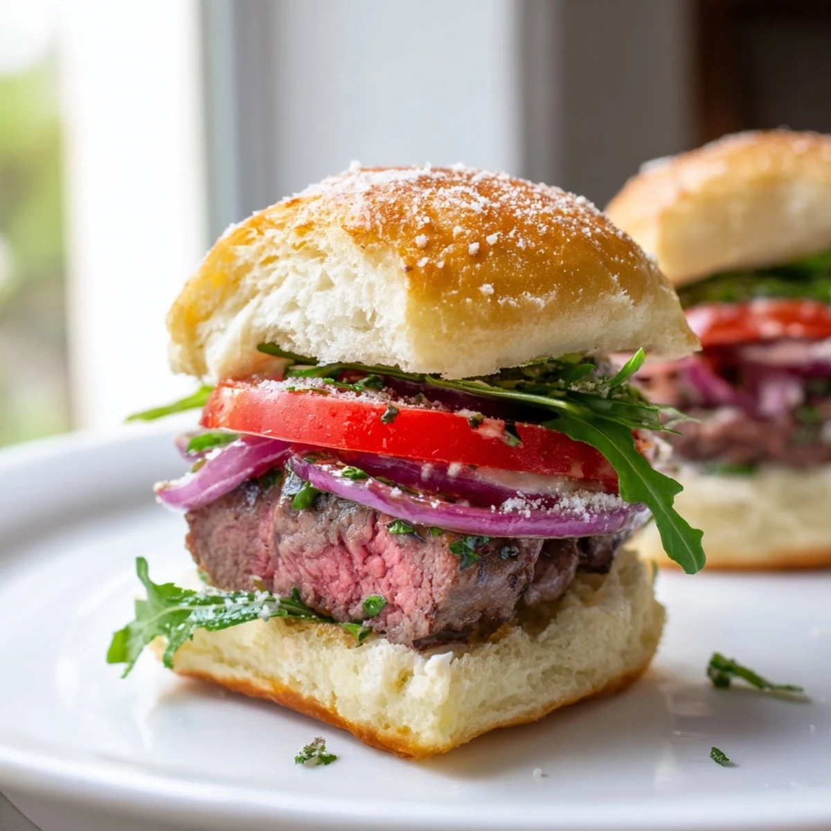 Crispy garlic parmesan rolls holding tender seared filet mignon sliders with sliced tomatoes