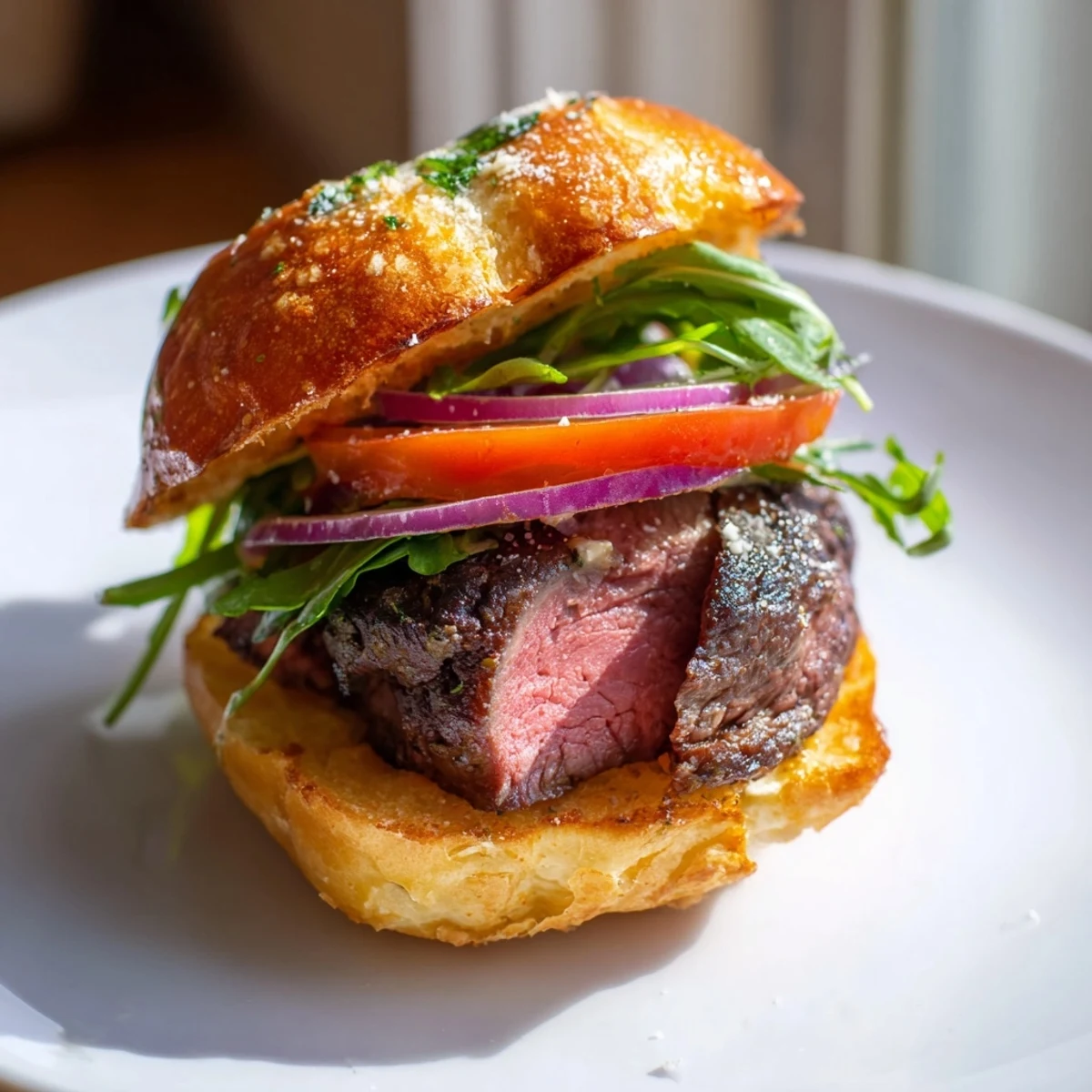 Savory filet mignon sliders stacked on toasted garlic parmesan buns with horseradish cream