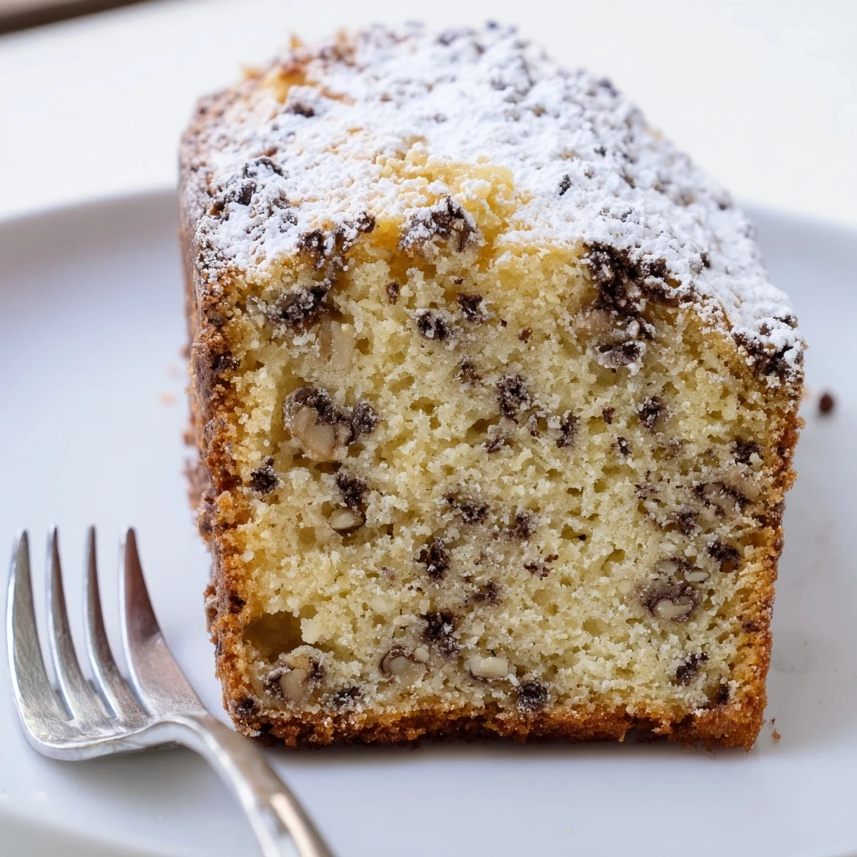 Golden sliced banana cake on a rustic plate with powdered sugar dusted on top