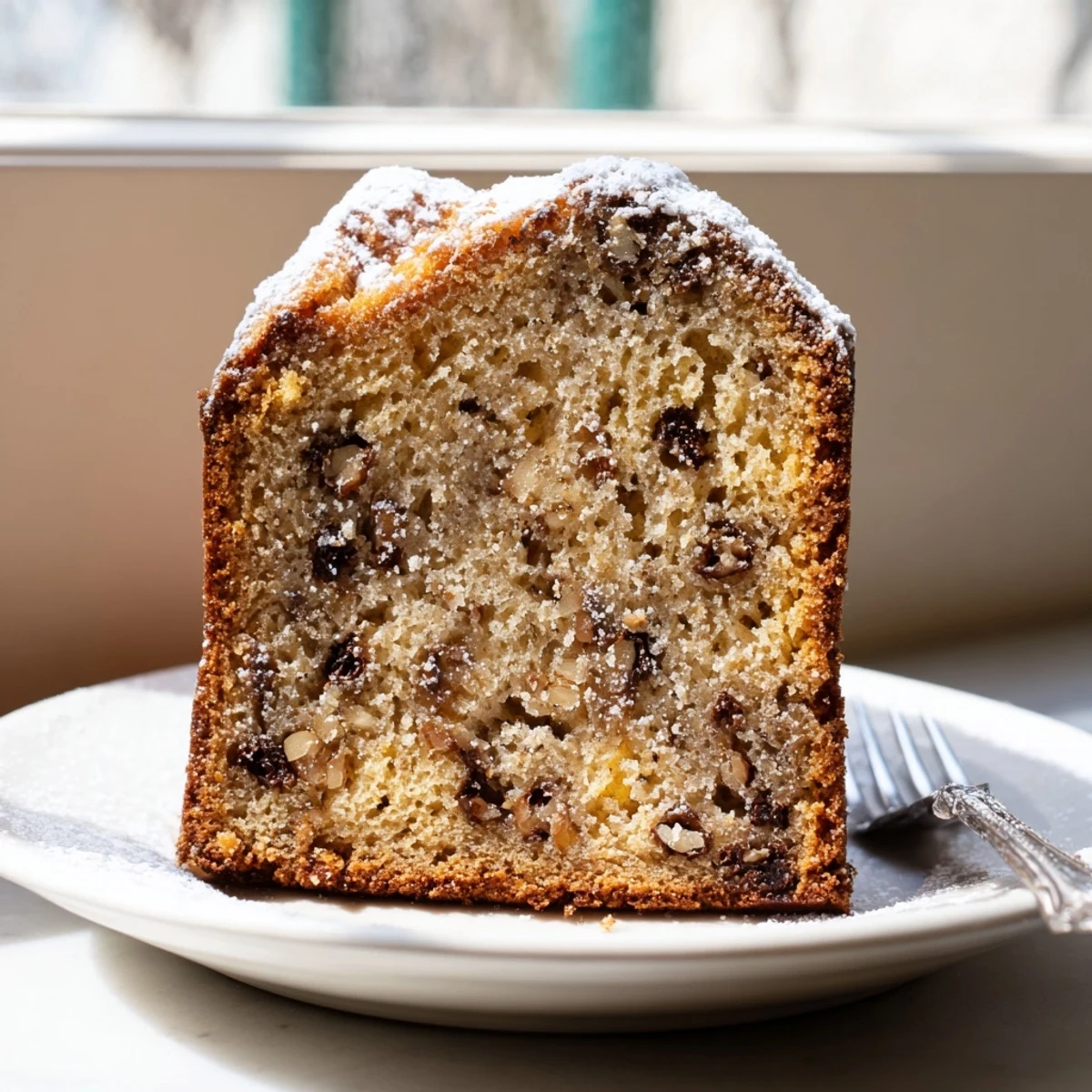 Moist banana cake with chocolate chips served warm on a white cake stand