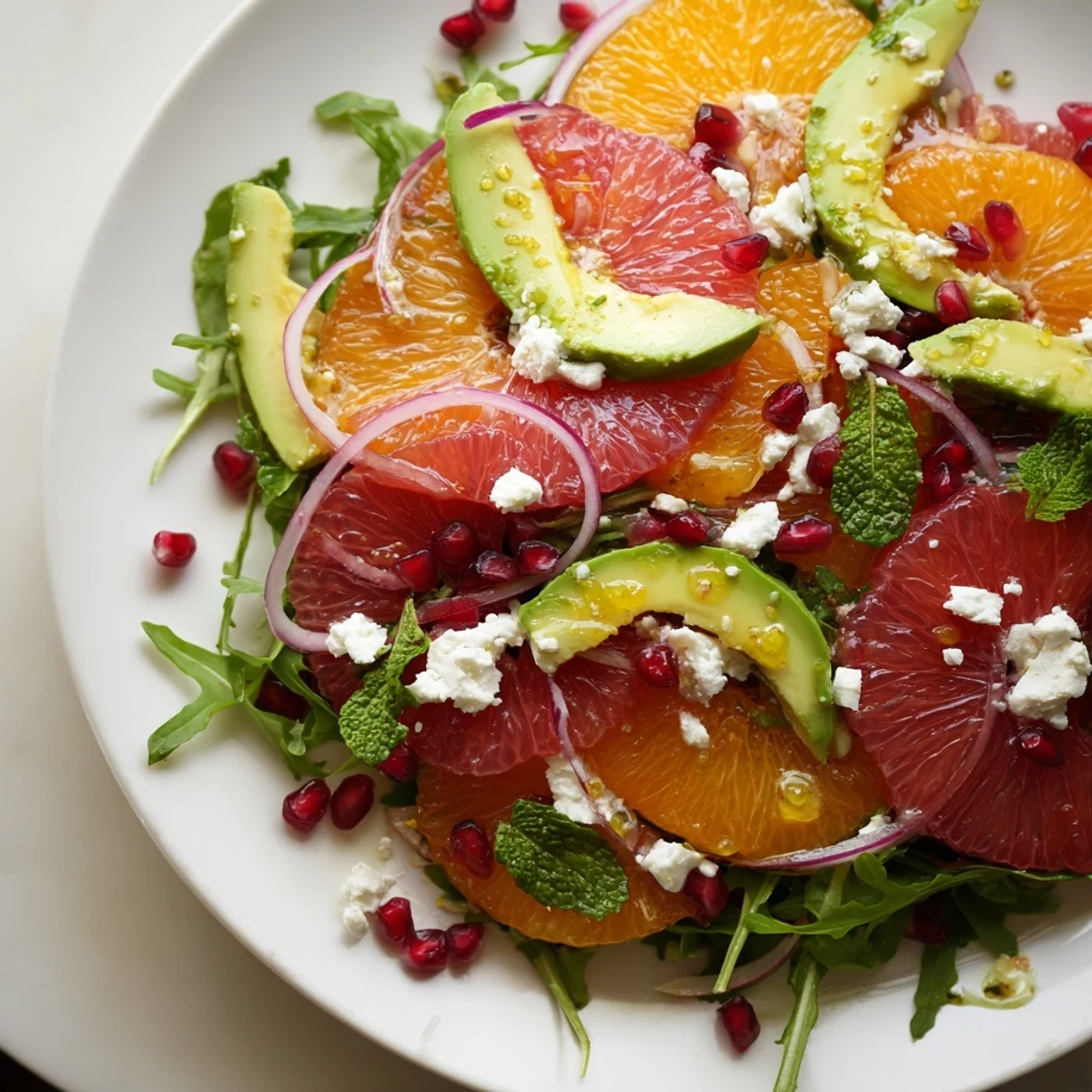 Bright citrus salad with pomegranate seeds, creamy avocado slices, and crumbled feta on a platter