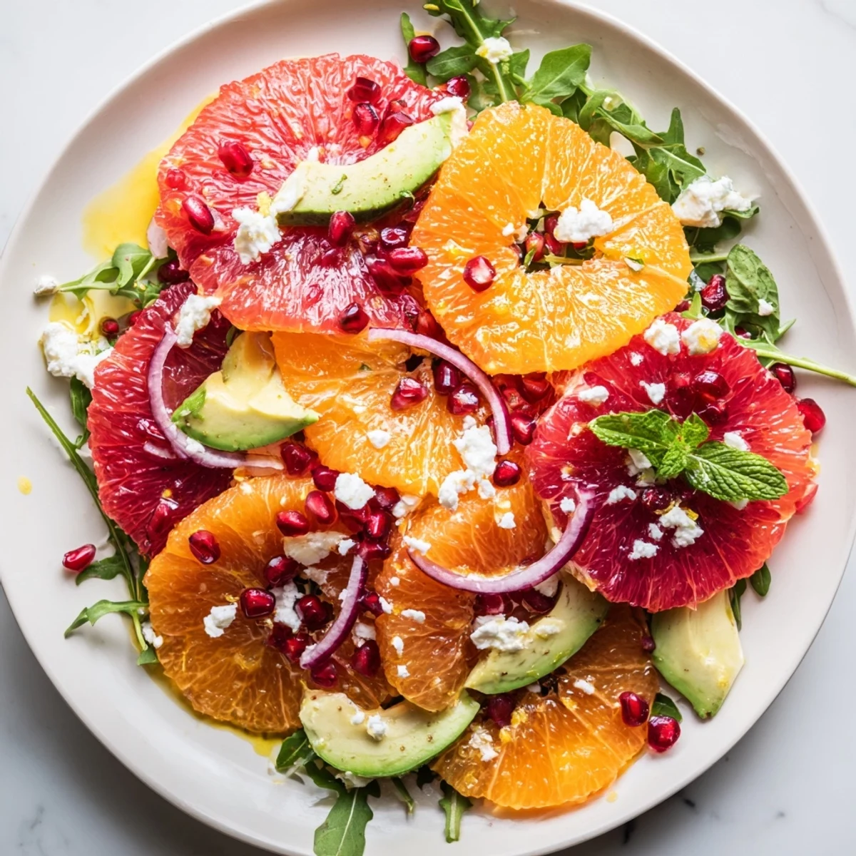 Juicy orange and grapefruit segments topped with avocado, pomegranate arils, and salty feta cheese