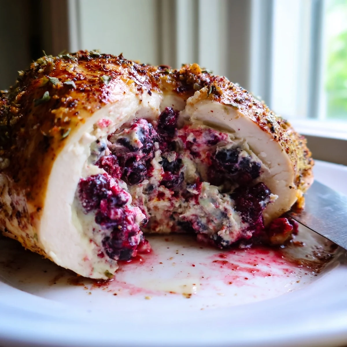 Golden baked blackberry jalapeno stuffed chicken oozing with creamy melted cheese filling