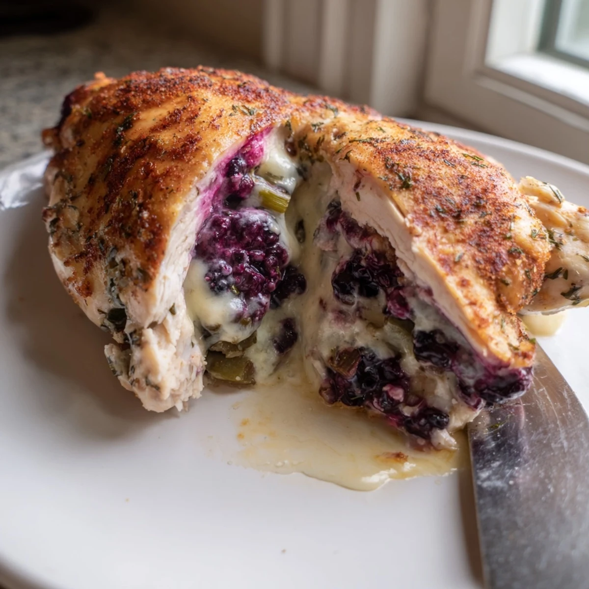 Juicy blackberry jalapeno stuffed chicken sliced open revealing vibrant purple creamy interior
