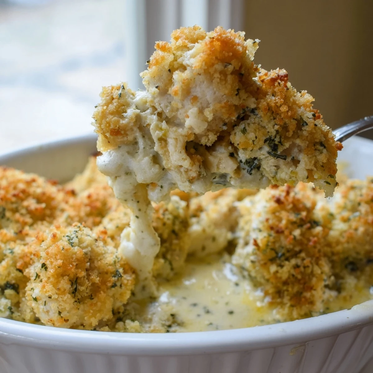 Creamy Chicken Kiev Casserole topped with toasted Parmesan breadcrumb crust