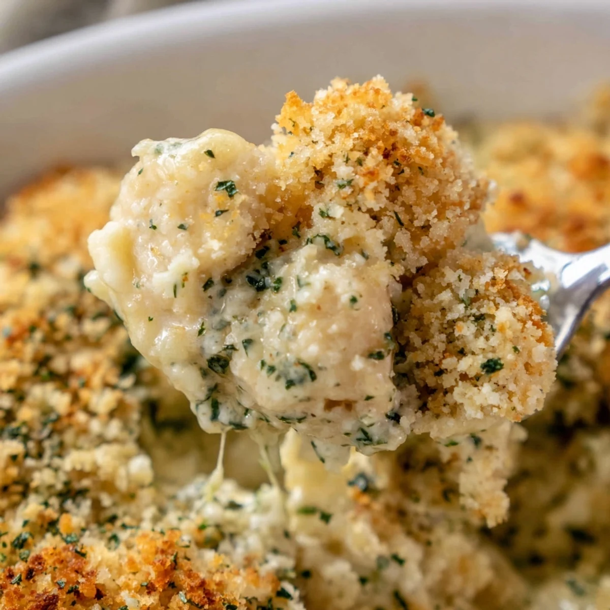 Golden crispy Chicken Kiev Casserole bubbling with garlic herb butter sauce