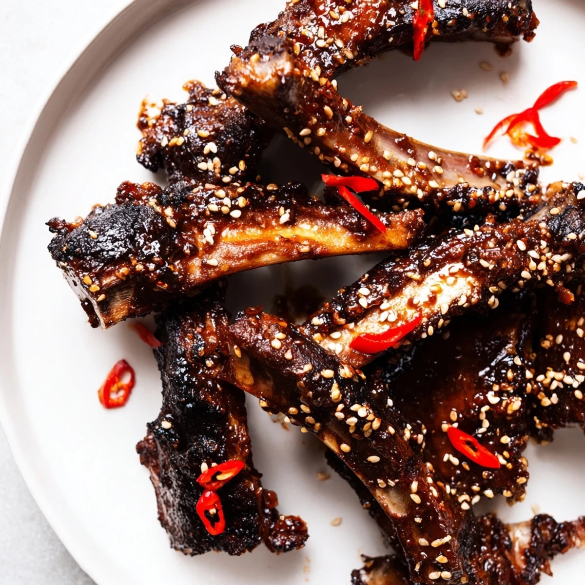 Tender grilled Korean BBQ lamb ribs garnished with sesame seeds and sliced spring onions