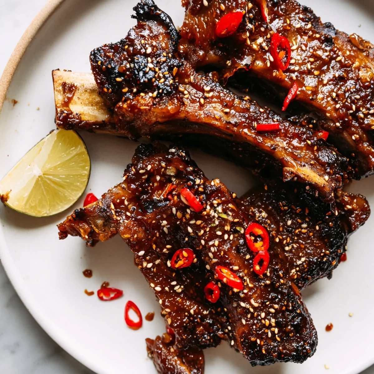 Juicy Korean BBQ lamb ribs charred on the grill and drizzled with fresh yuzu juice