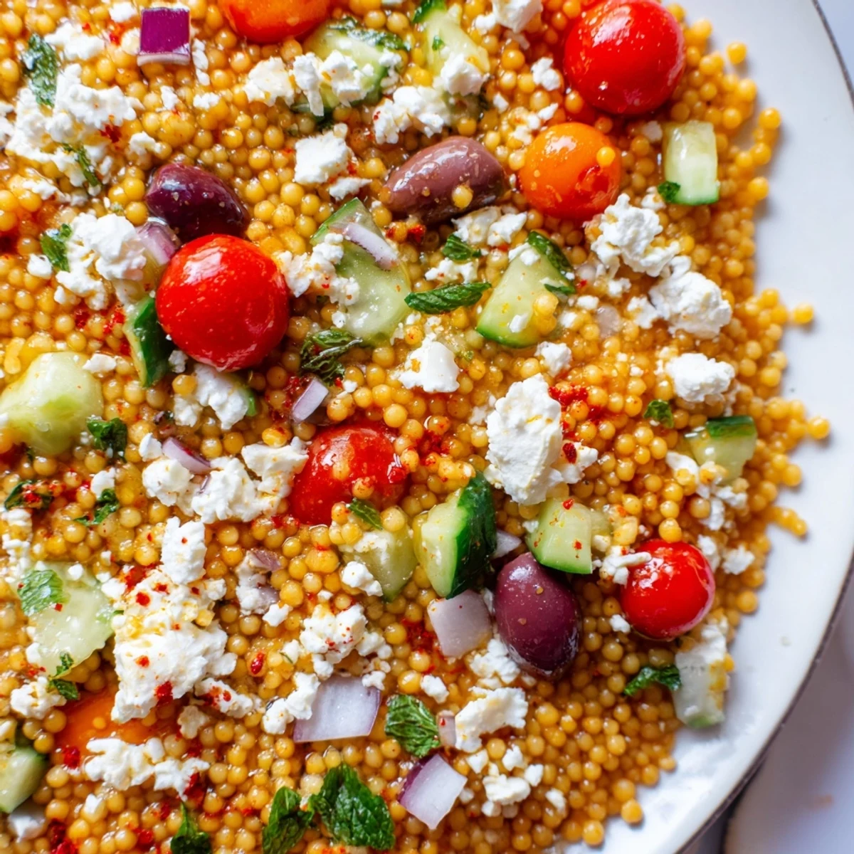 Fluffy Mediterranean couscous salad drizzled with spicy sweet hot honey lemon vinaigrette