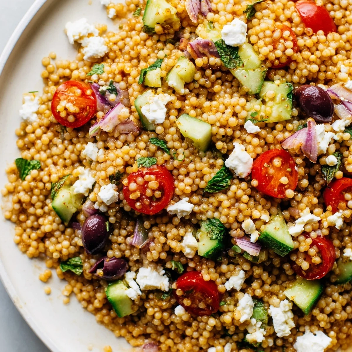 Colorful Mediterranean couscous salad topped with crumbled feta and fresh herbs