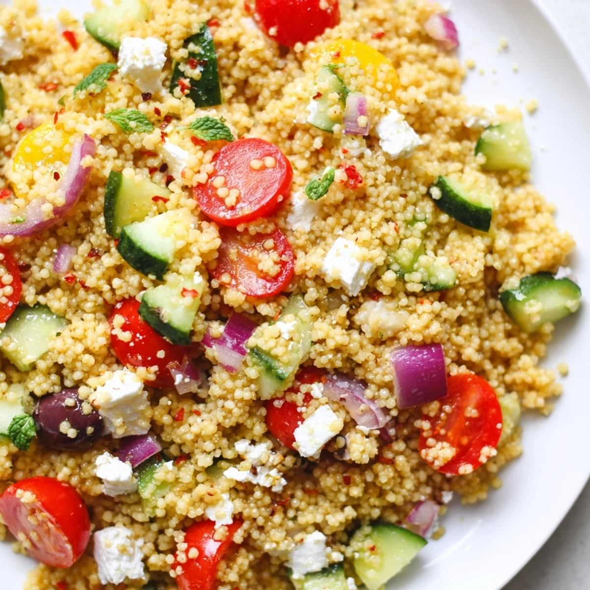 Bright Mediterranean couscous salad glistening with zesty hot honey lemon vinaigrette dressing