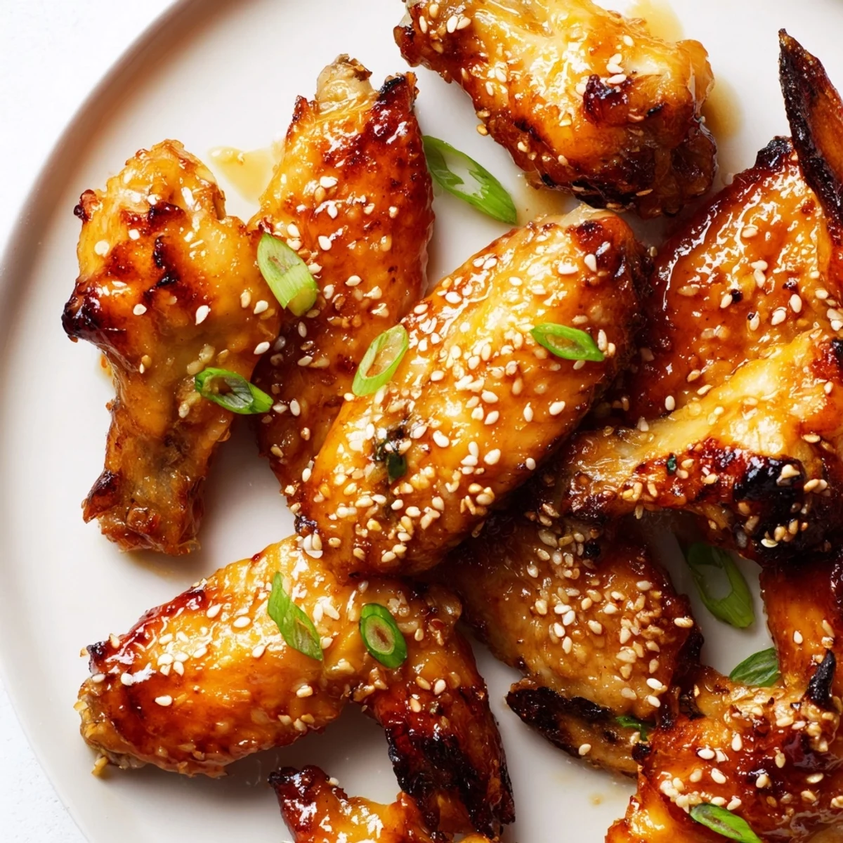 Juicy miso honey marinated chicken wings piled on a platter with a glossy caramelized finish