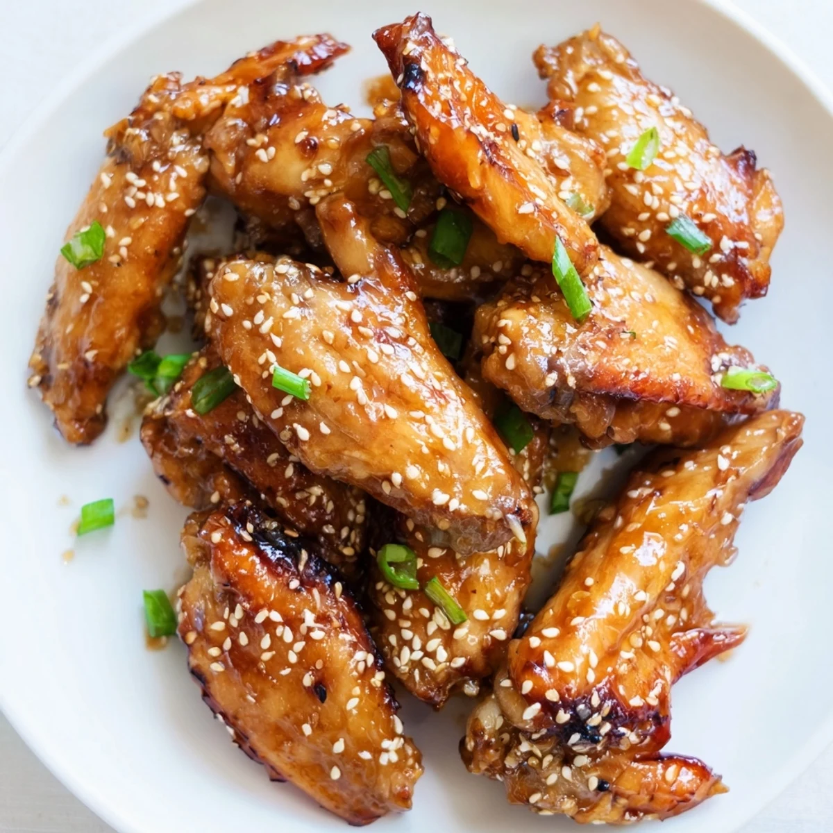 Sticky miso honey marinated chicken wings garnished with sesame seeds and scallions