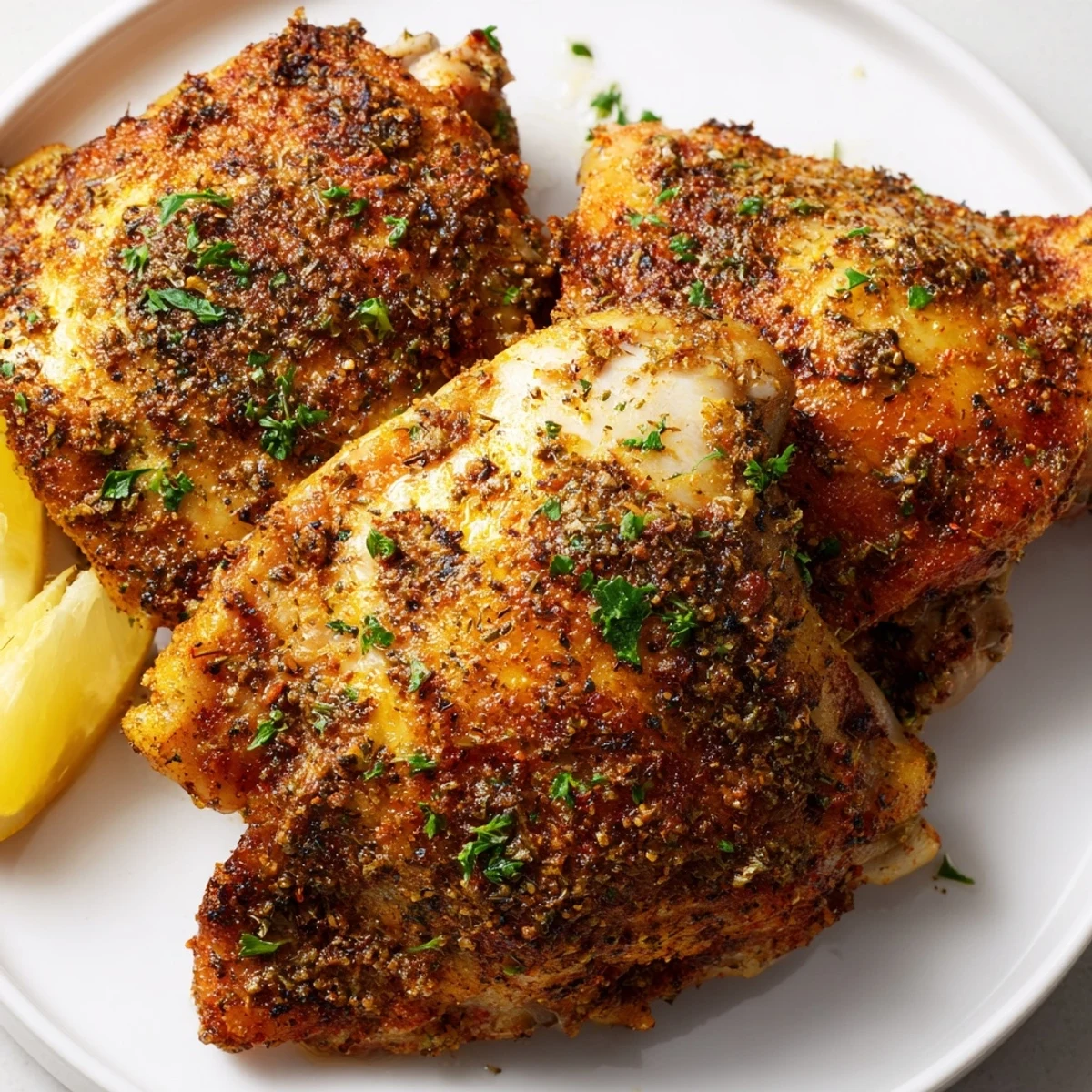 Golden crispy oven baked chicken thighs seasoned with herbs on a rustic baking sheet