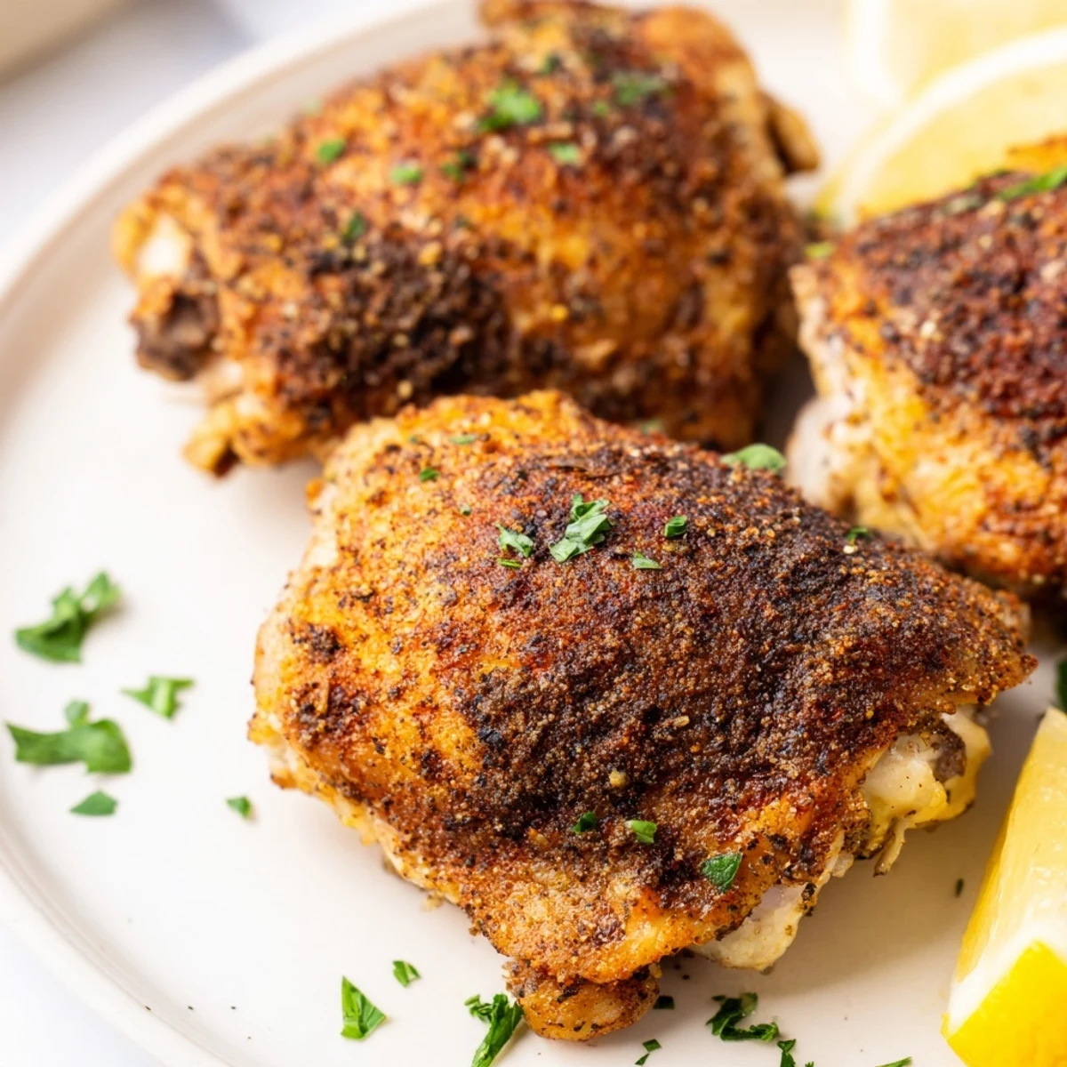 Juicy oven baked chicken thighs with crispy skin garnished with fresh parsley and lemon