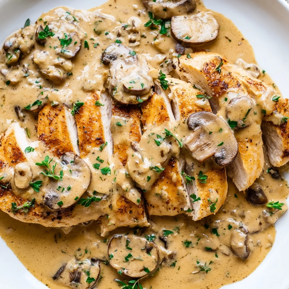 Creamy mushroom chicken smothered in velvety sauce with golden herb-roasted potatoes on a rustic plate