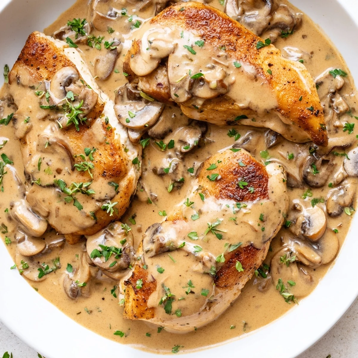 Tender seared creamy mushroom chicken nestled in rich garlic-thyme sauce beside crispy potato halves