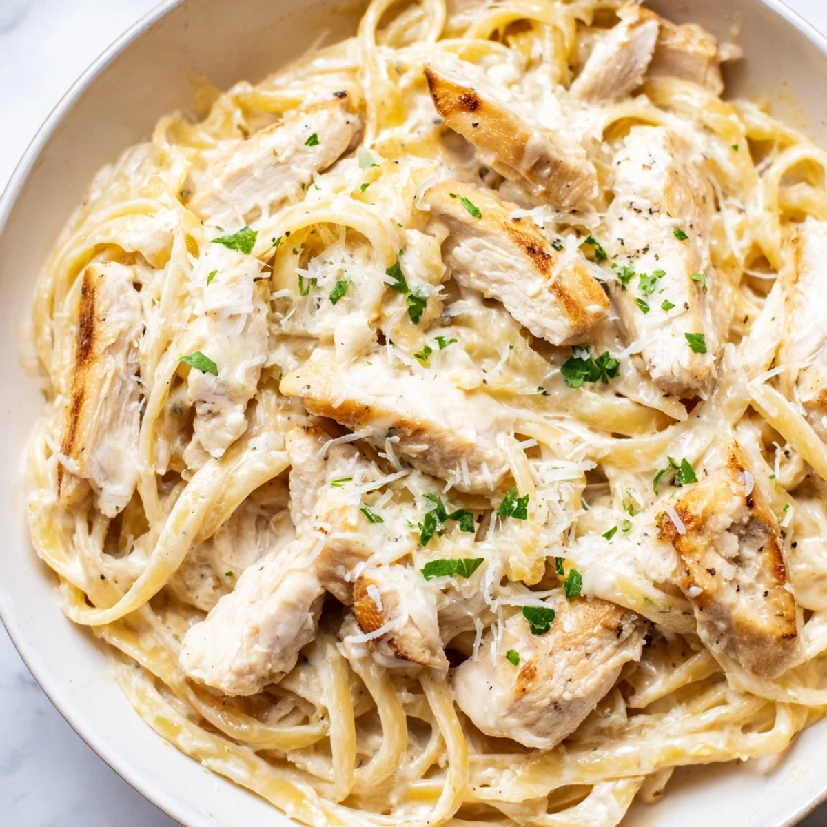 Creamy Garlic Parmesan Chicken Pasta topped with fresh parsley in a rustic skillet