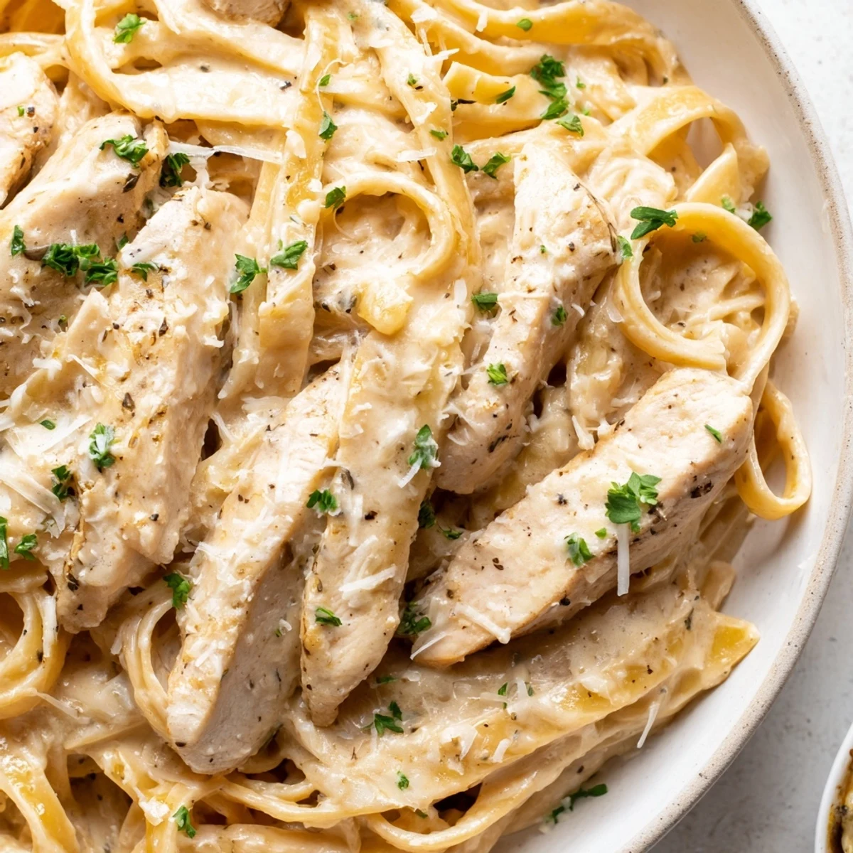Tender sliced chicken tossed with Creamy Garlic Parmesan Chicken Pasta on a white plate