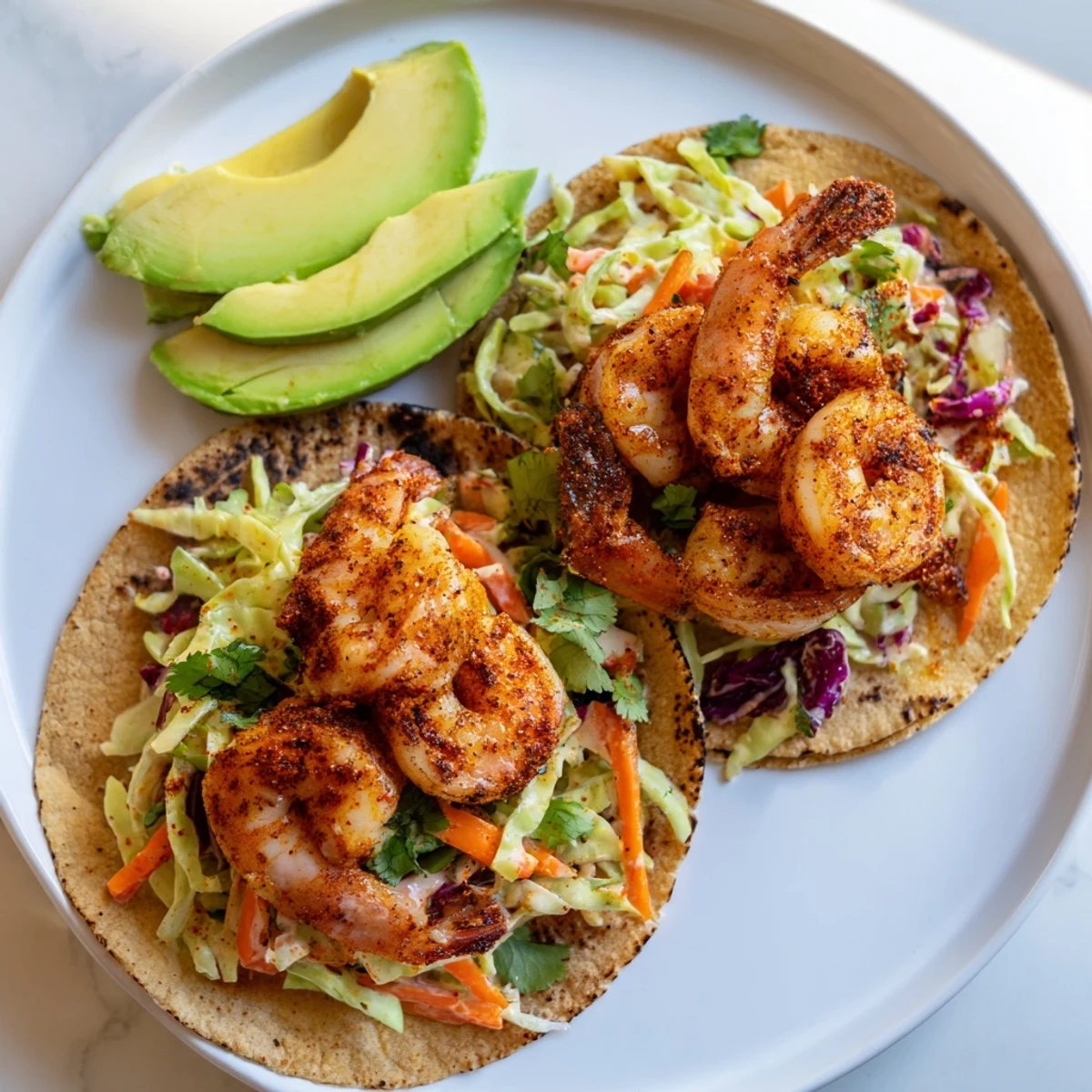 Crispy spiced shrimp piled high on warm tortillas with creamy cilantro lime slaw