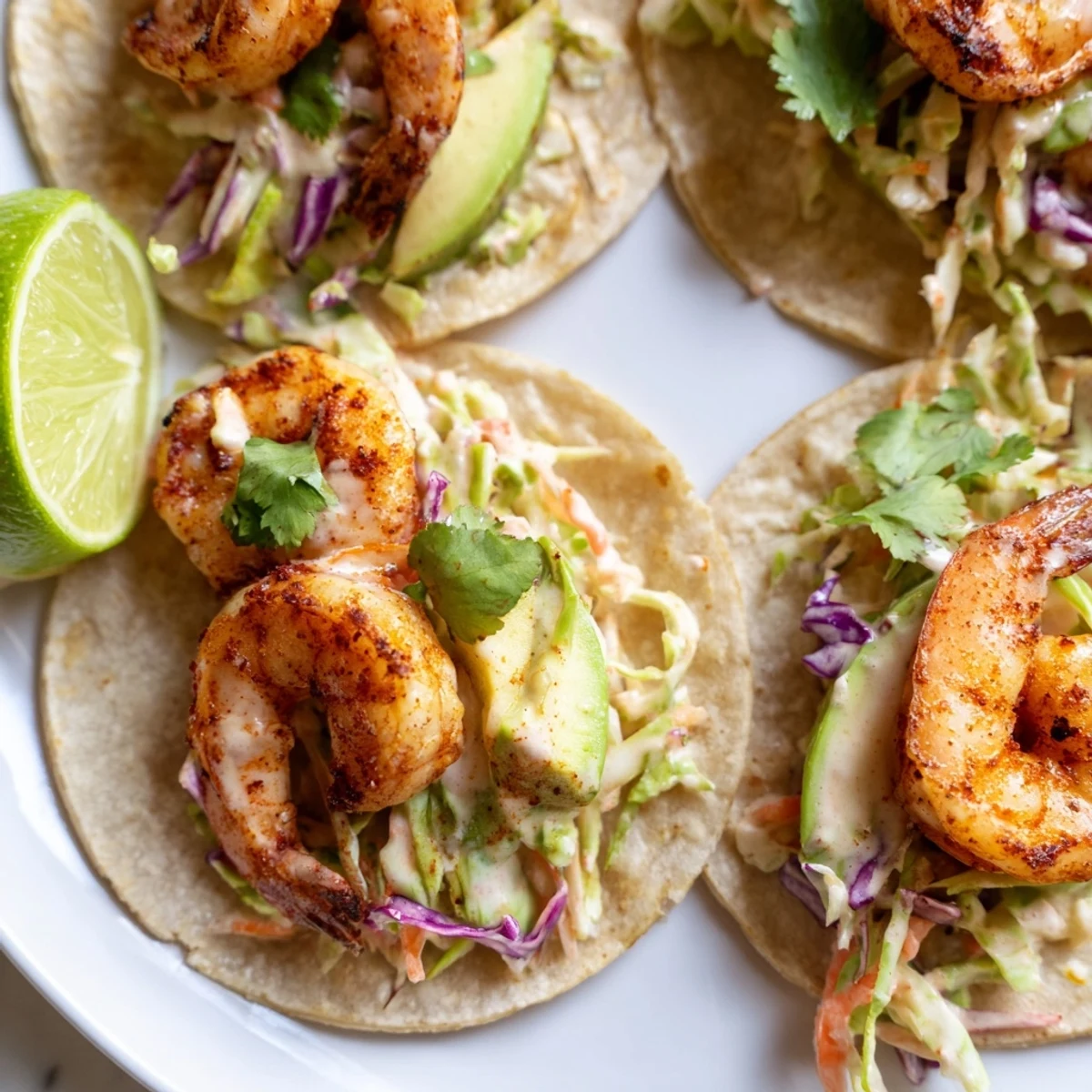 Golden pan-seared shrimp nestled in soft tortillas topped with tangy cilantro lime cabbage slaw