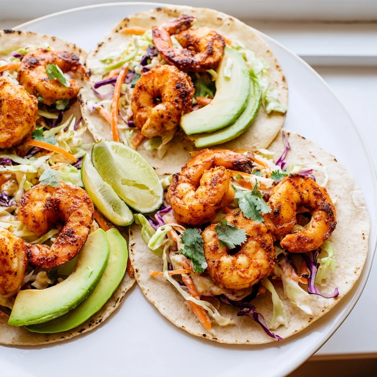 Spicy shrimp tacos loaded with crunchy garlic cilantro slaw and fresh avocado slices