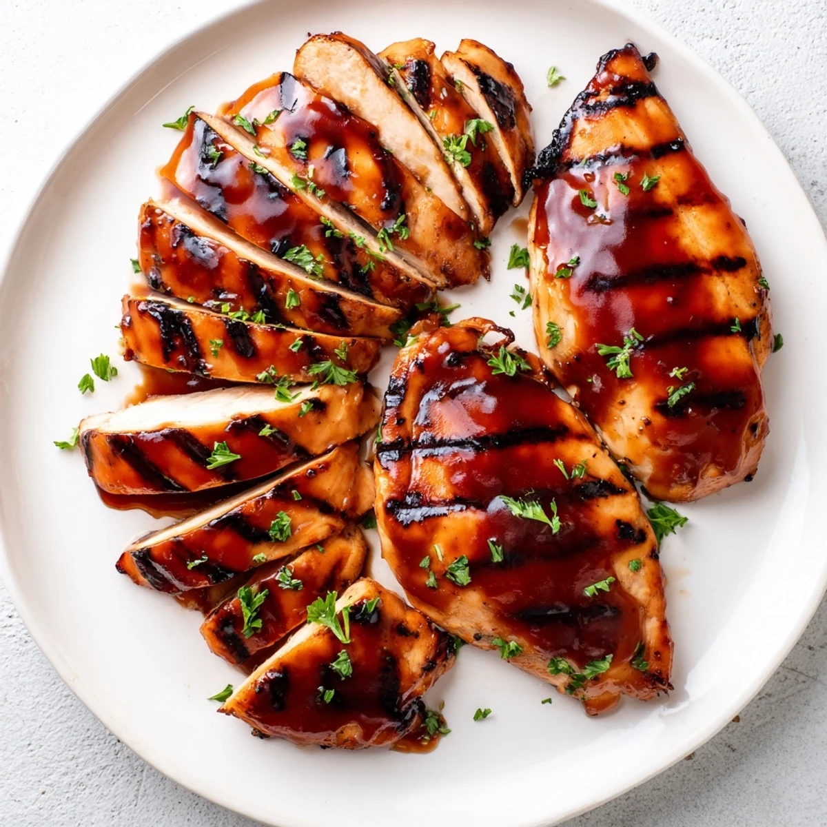 Juicy grilled Coca Cola glazed chicken breast with sticky caramelized edges on a plate