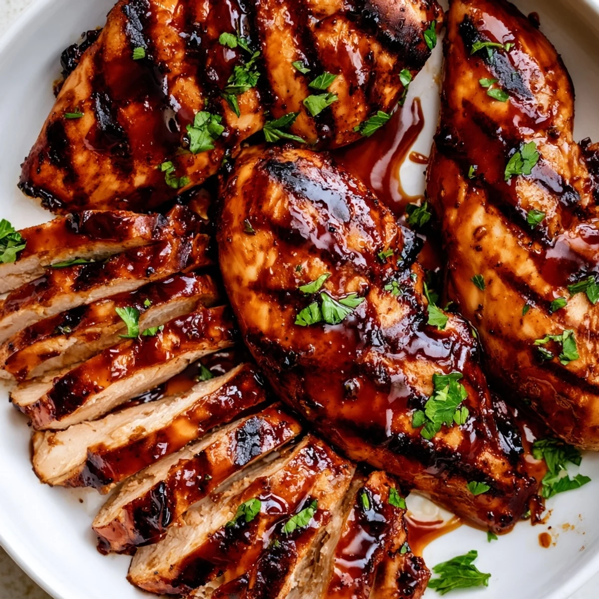 Smoky grilled Coca Cola glazed chicken breast sliced open revealing tender moist meat